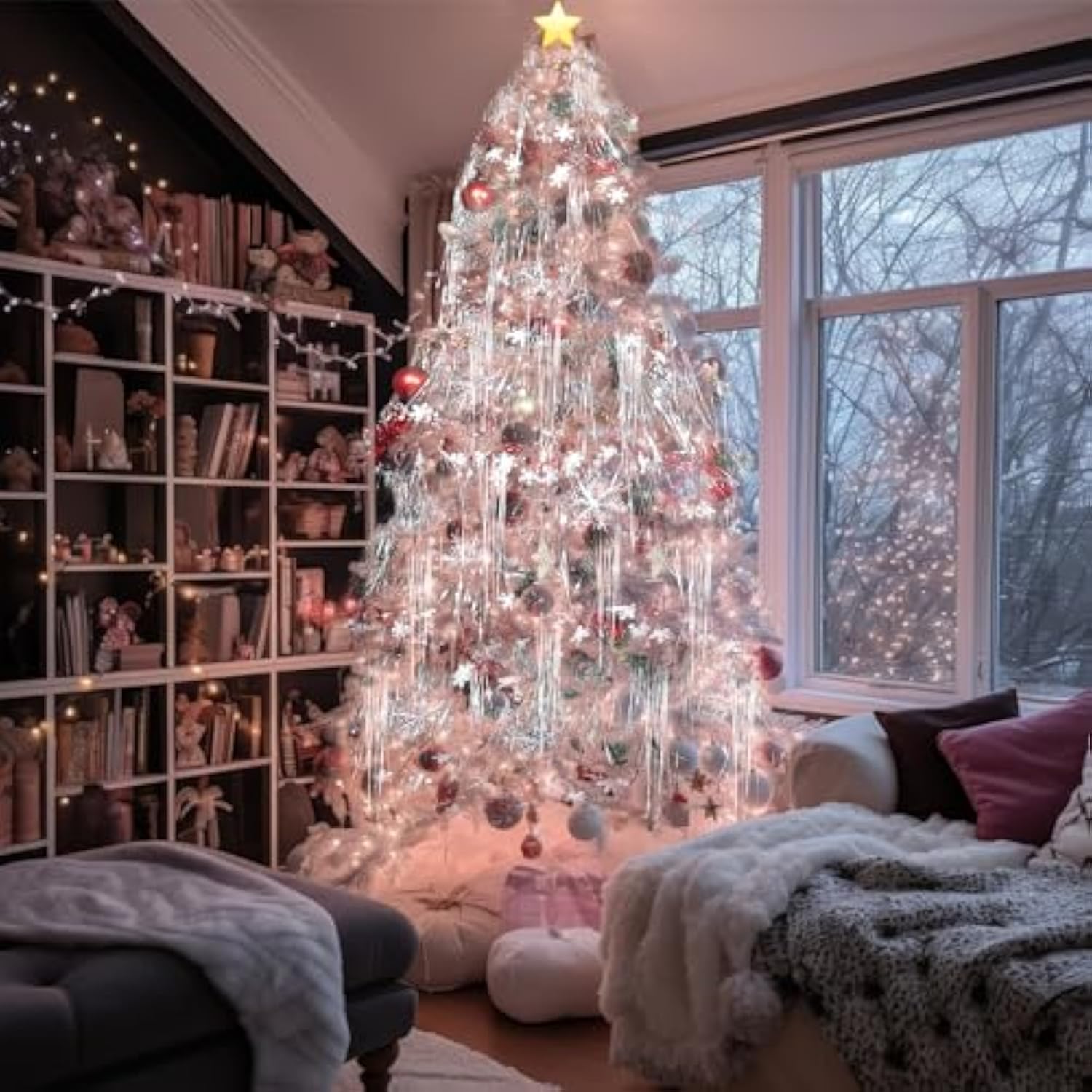 Tinsel Icicles- 5000 Strands 19" Icicle Tinsel Strands For Christmas Tree- Shiny Foil Fringes Tinsel Christmas Tree Decorations For Xmas Tree Holiday Decor Birthday Wedding Party Supplies, Silver