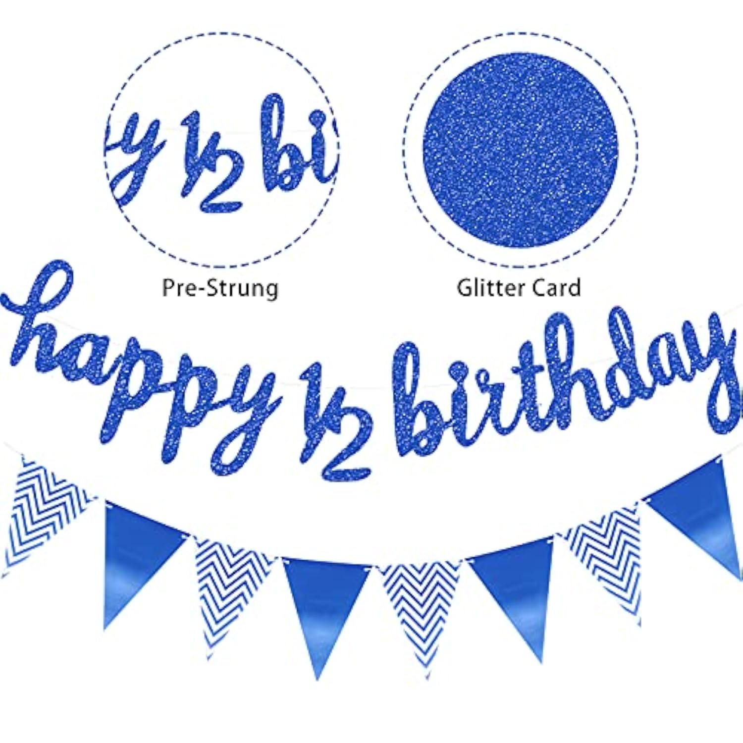 Pre- Strung Half Birthday Decorations Set 6 Months Happy 1/2 Birthday Banner, Glitter 1/2 Half Year Cake Topper, Triangle Flag Banner For Baby Shower Party Photoshoot Props(Dark Blue)