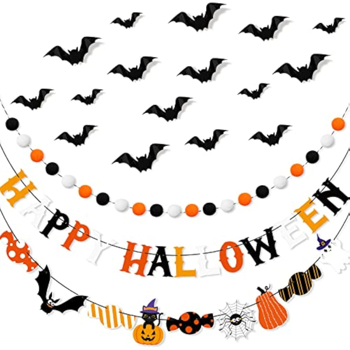 Halloween Banner Pom Pom Garland Set with Bat Candy Banner and Black Bat Wall Sticker
