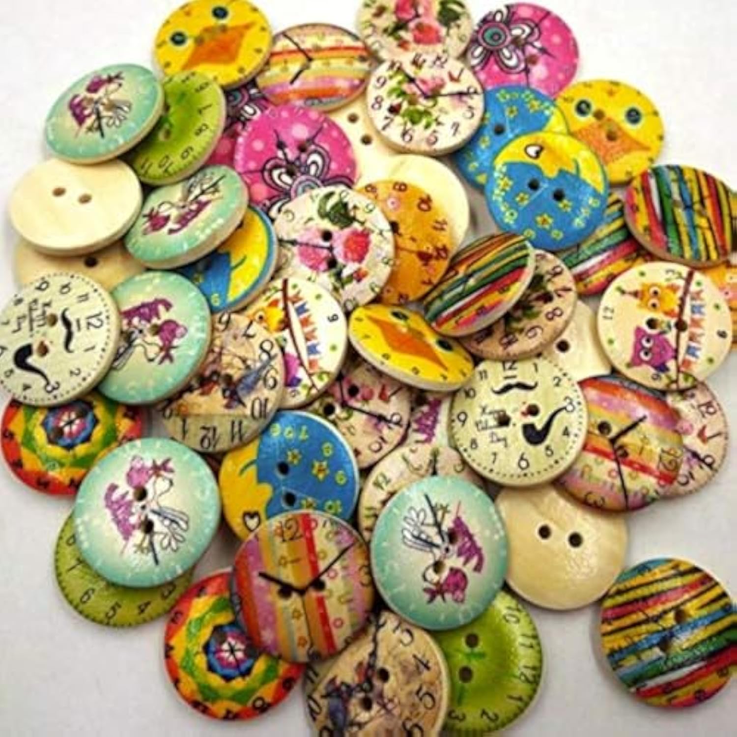 50Pcs 2 Hole 20Mm Wood Buttons,Colorized Style Mixed Clock Patterns Bu