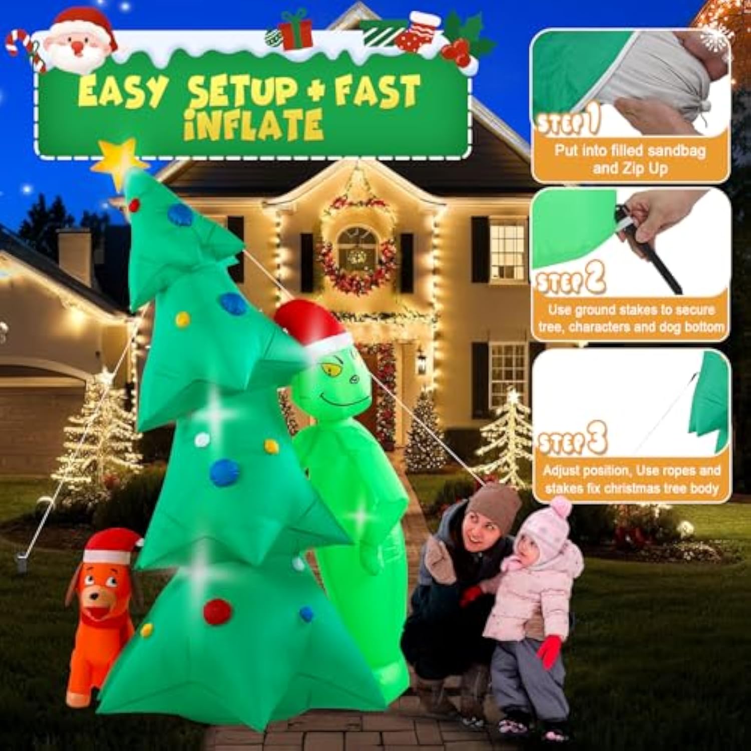 Christmas Green Big Monster Inflatable Decorations, 6.5Ft Lighted Up Christmas Inflatable Outdoor Decorate Build-In 6 Le