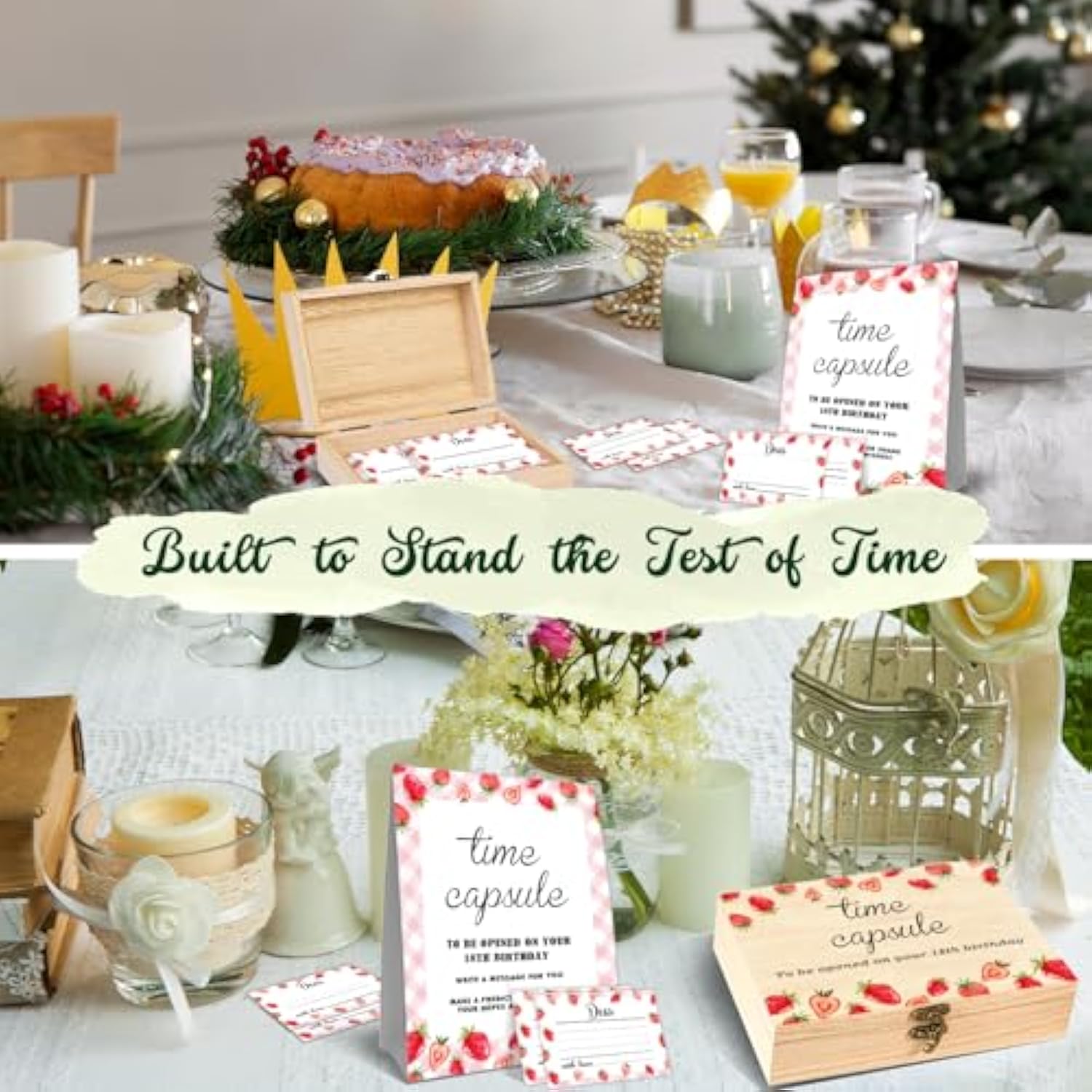52 Pcs Time Capsule Set, 50 Strawberry Decorated Cards And 1 Time Capsule Sign Box, 1St Birthday Memory Preservation Box, Baby Shower Memory Preservation Time Capsule Box For First Birthday