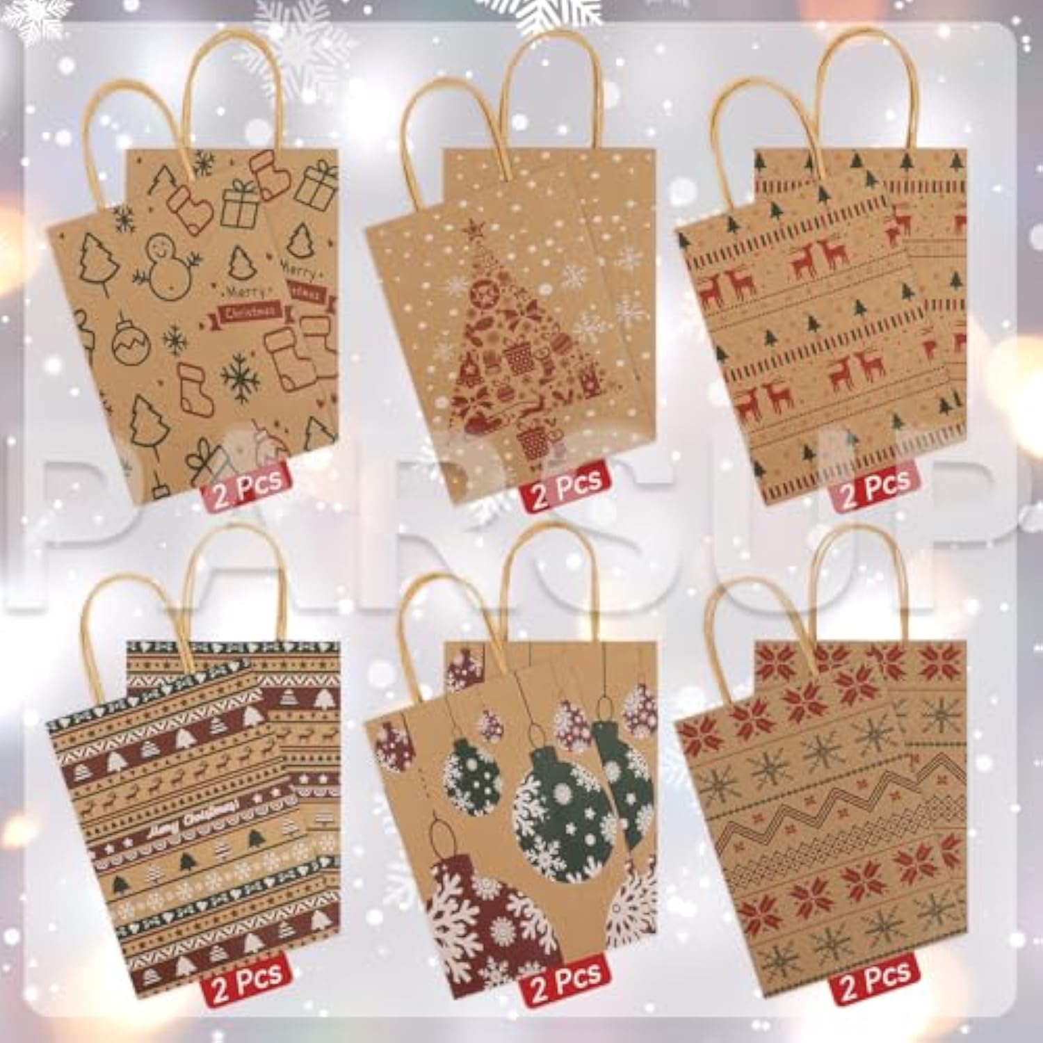 12Pcs Christmas Kraft Gift Bags - Assorted Styles With Handles And Prints For Xmas Gift Wrapping And Party Supplies