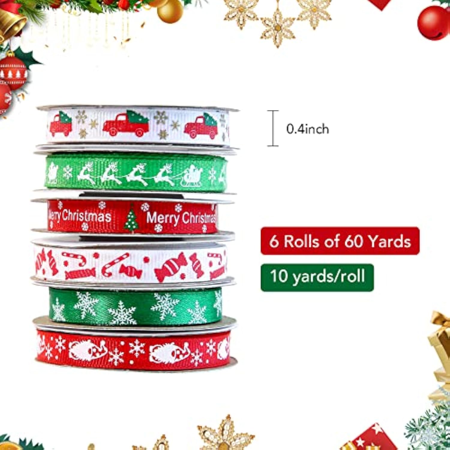 60 Yards 3/8" Christmas Ribbon For Crafts, White Red And Green Holiday