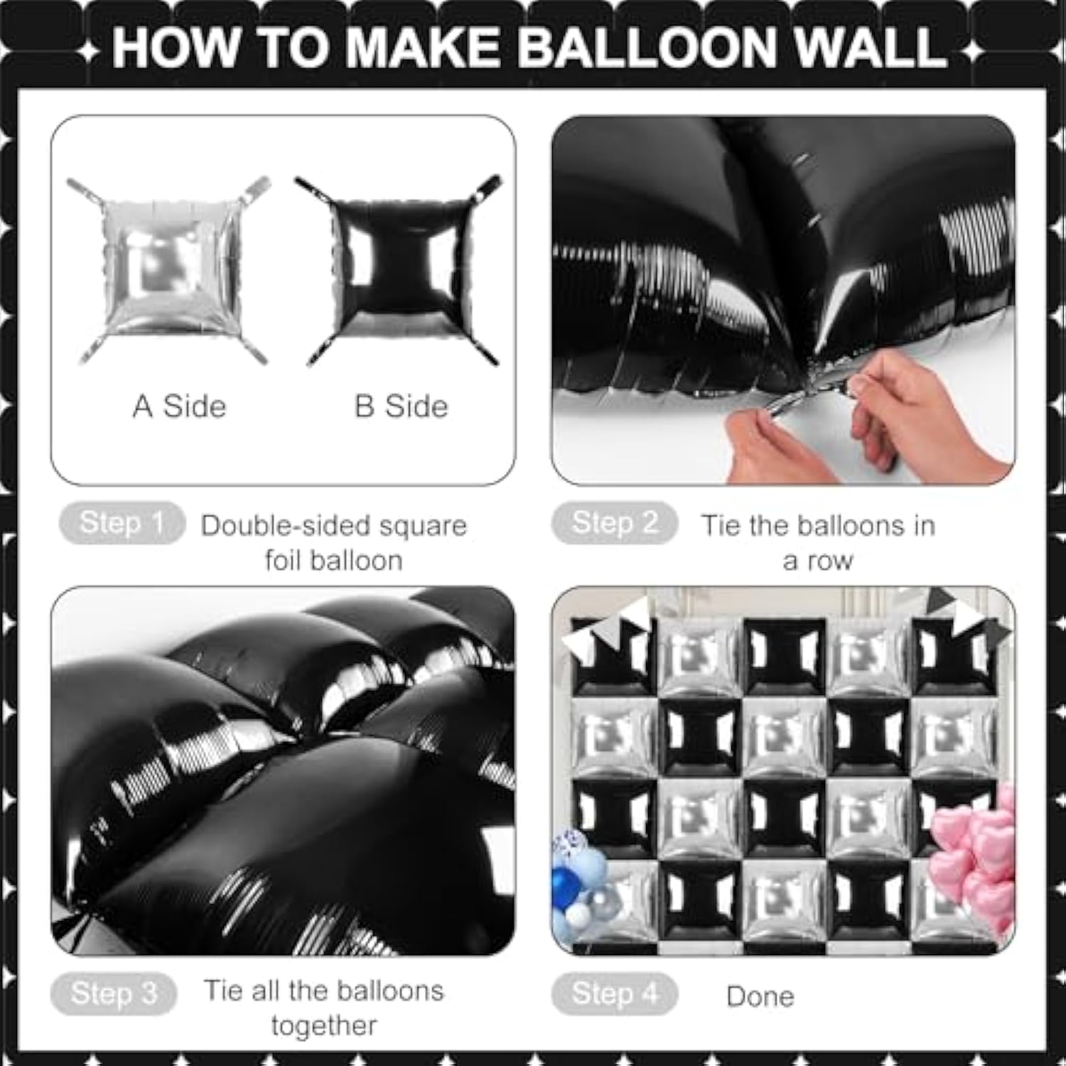 Black Silver Square Balloon Wall 25pcs Double Sided for Party Backdrop Decor