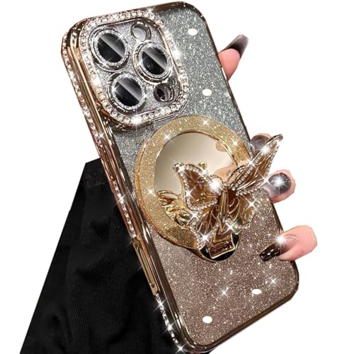 Magnetic Glitter Case for iPhone 16 Pro Max,[Compatible with MagSafe] Bling Sparkly Diamond with Camera Protector&Butterfly Kickstand&Makeup Mirror