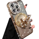 Magnetic Glitter Case for iPhone 16 Pro Max,[Compatible with MagSafe] Bling Sparkly Diamond with Camera Protector&Butterfly Kickstand&Makeup Mirror