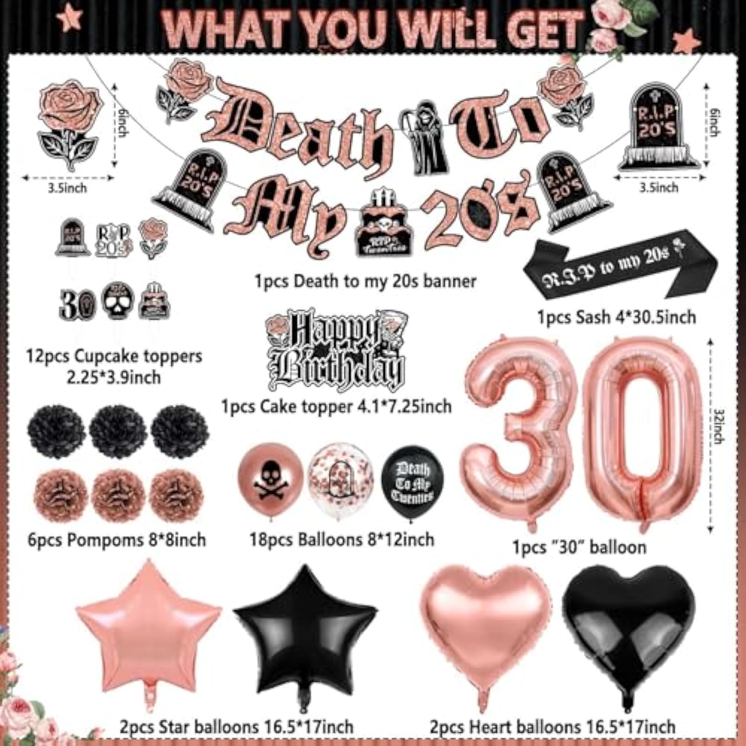 Death To My 20S Decorations, 30Th Birthday Decorations For Her Black And Rose Gold, Rip To My 20S Birthday Decorations Funeral For My Youth 30Th Birthday 30 Balloon Numbers Dirty Thirty Party Supplies