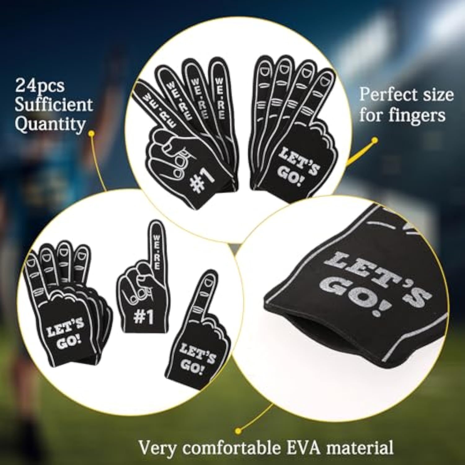 24 Pcs Mini Foam Fingers #1 For Fans Cheerleader, We'Re #1 And Let'S Go Sport Fan Foam Finger, Sports Themed Party Supplies For Baseball Basketball Football Sports Events(Black)