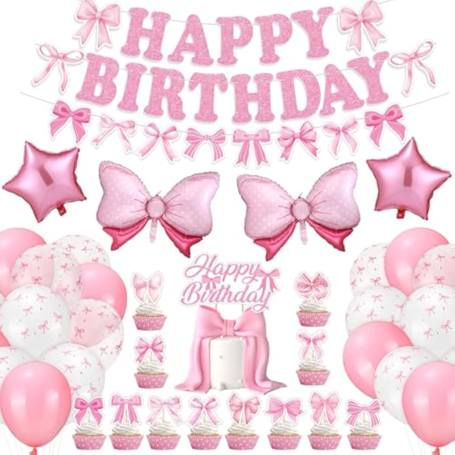 44 Pcs Pink Bow Birthday Decorations Include Pink Bow Balloons Star Balloons Cake Topper Bow Happy Birthday Banner For Party