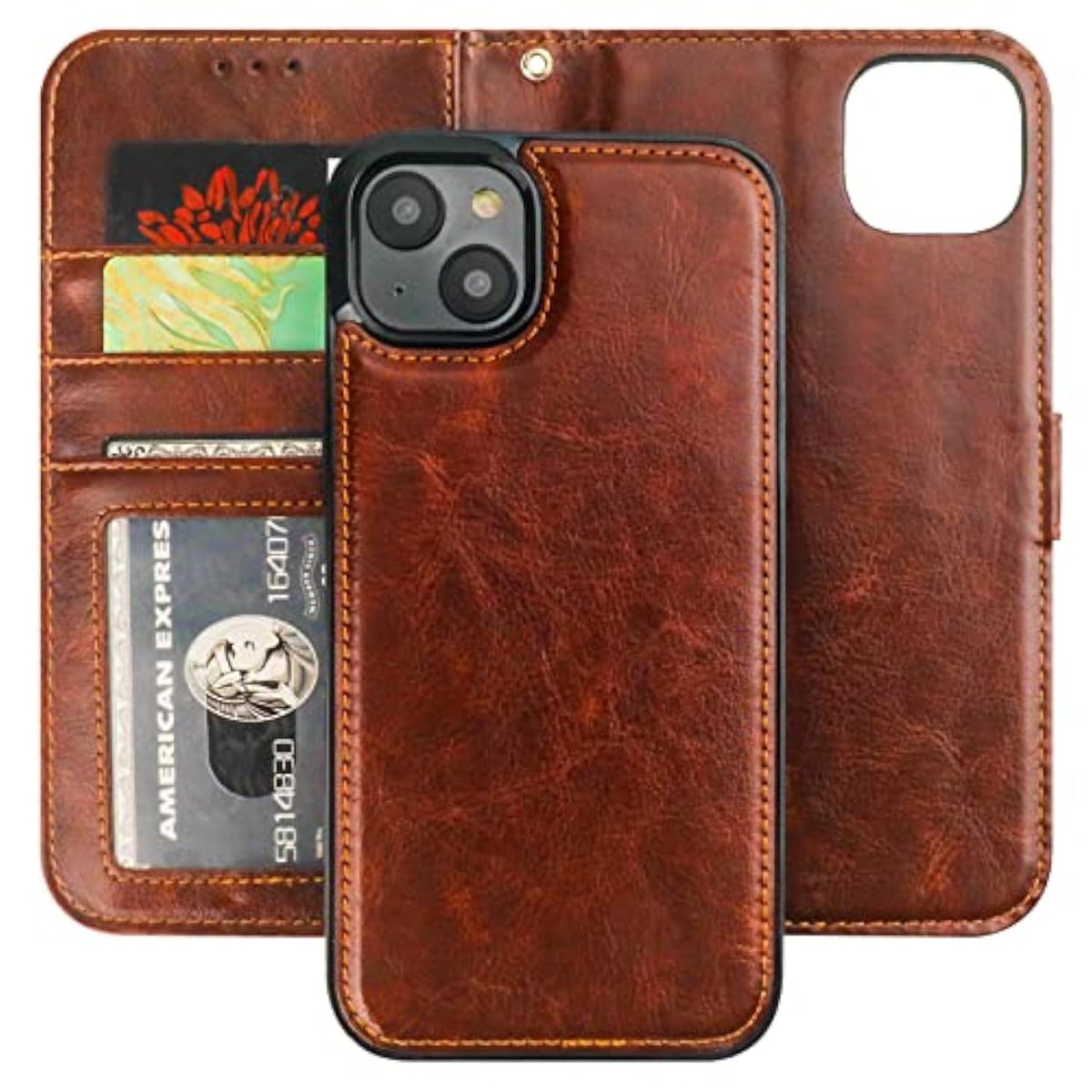 Detachable Wallet Case For Iphone 14 Plus Rfid Blocking Card Slots Holder Premium Pu Leather Magnetic Kickstand Shockproof Wrist Strap Removable Flip Protective Cover 5G 6.7 Inch (Brown)