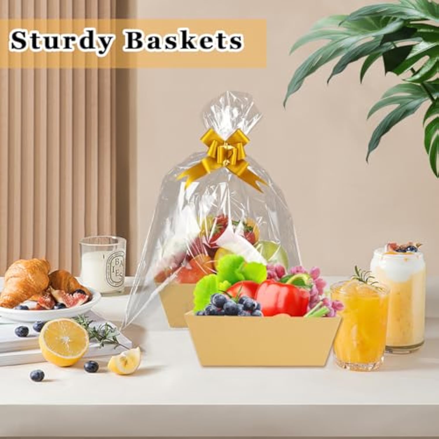 10 Pcs Sturdy Diy Bulk Gift Baskets, Basket For Gifts Empty, Kraft Market Tray Cardboard Basket With Handles, Gift Basket With Paper Shred Filler Kit For Valentines Christmas Weddings