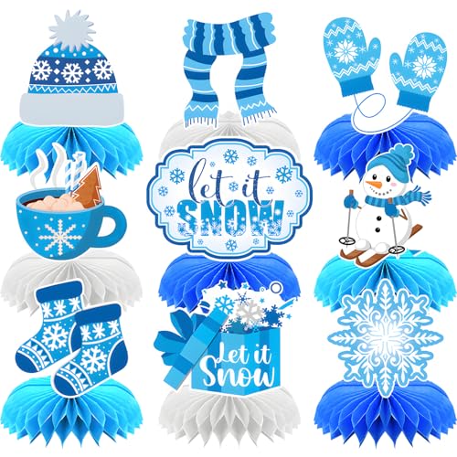 9 Pieces Winter Honeycomb Centerpieces – Let It Snow Table Decorations with Snowman, Snowflake, Hat, Scarf, Mittens, Hot Cocoa, Socks, and Gift Box for Winter Parties and Holiday Celebrations