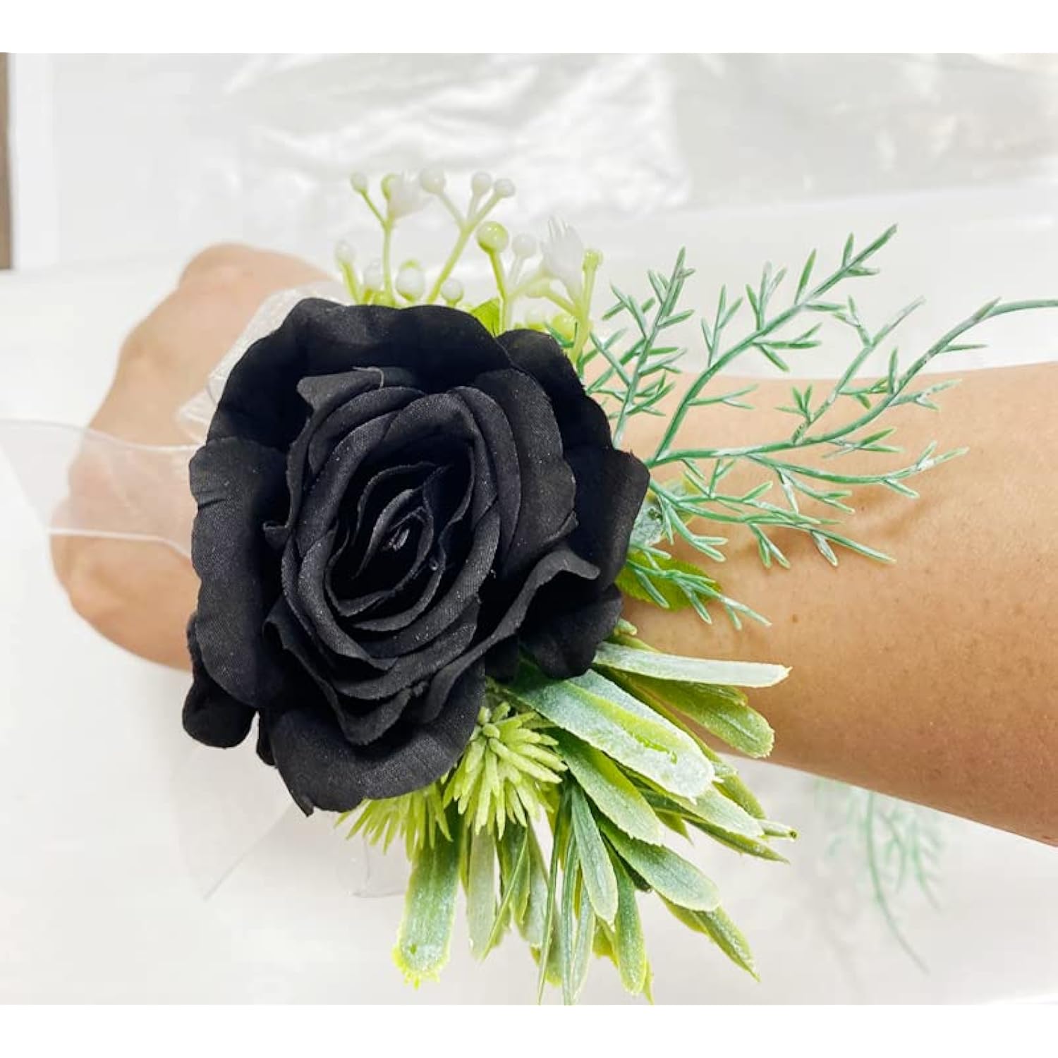 Rose Wrist Corsage Wristlet Band Bracelet And Men Boutonniere Set, Corsage For Prom,Bride Hand Flower Flowers Ceremony,Wedding Party Prom Decor,Diy Petals Hair Hat Wreath (Black)