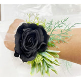 Rose Wrist Corsage Wristlet Band Bracelet And Men Boutonniere Set, Corsage For Prom,Bride Hand Flower Flowers Ceremony,Wedding Party Prom Decor,Diy Petals Hair Hat Wreath (Black)