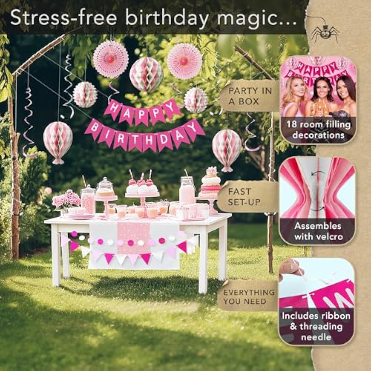 Premium Reusable Pink Birthday Decorations with Banner & Paper Fans for Women