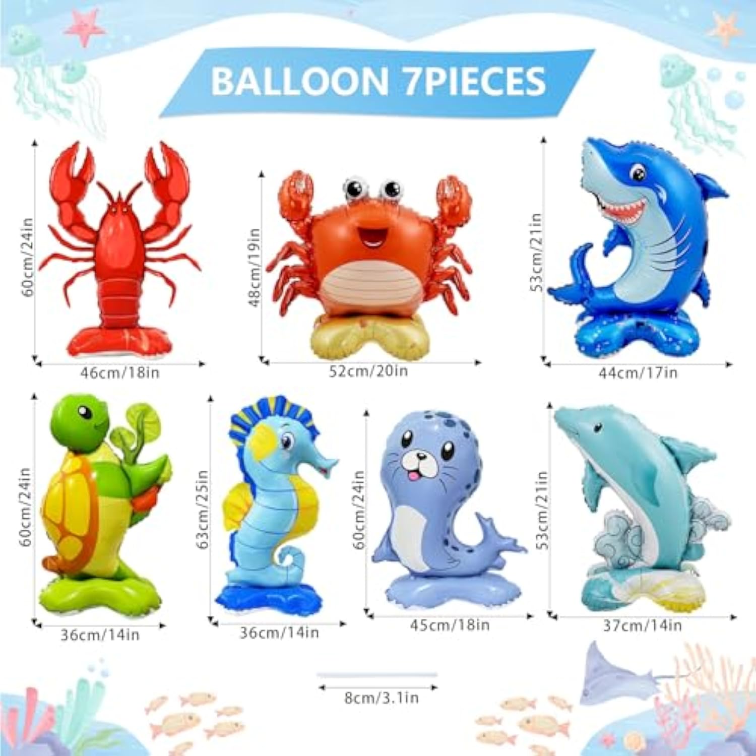 7 Pcs Ocean Animal Balloons - Standing Turtle Seahorse Dolphin Shark Crab Lobster Sea Lion Foil Balloons For Under The Sea Themed Party Decorations
