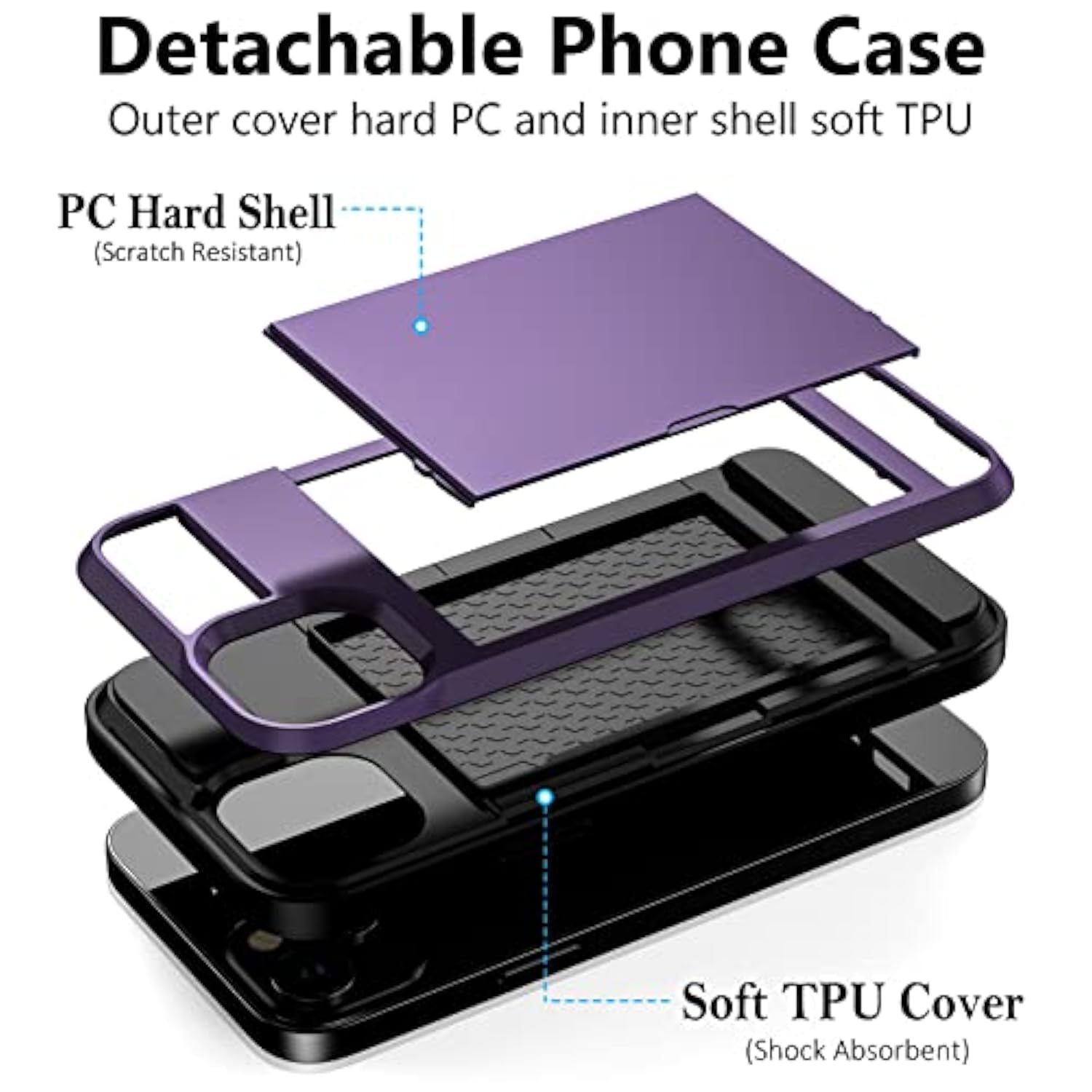 For Iphone 14 Case Wallet Credit Card Holder Id Slot Sliding Door Hidden Pocket Men Women Anti-Scratch Dual Layer Hybrid Bumper Armor Protective Shell Back Cover For Iphone 14 6.1" Greypurple