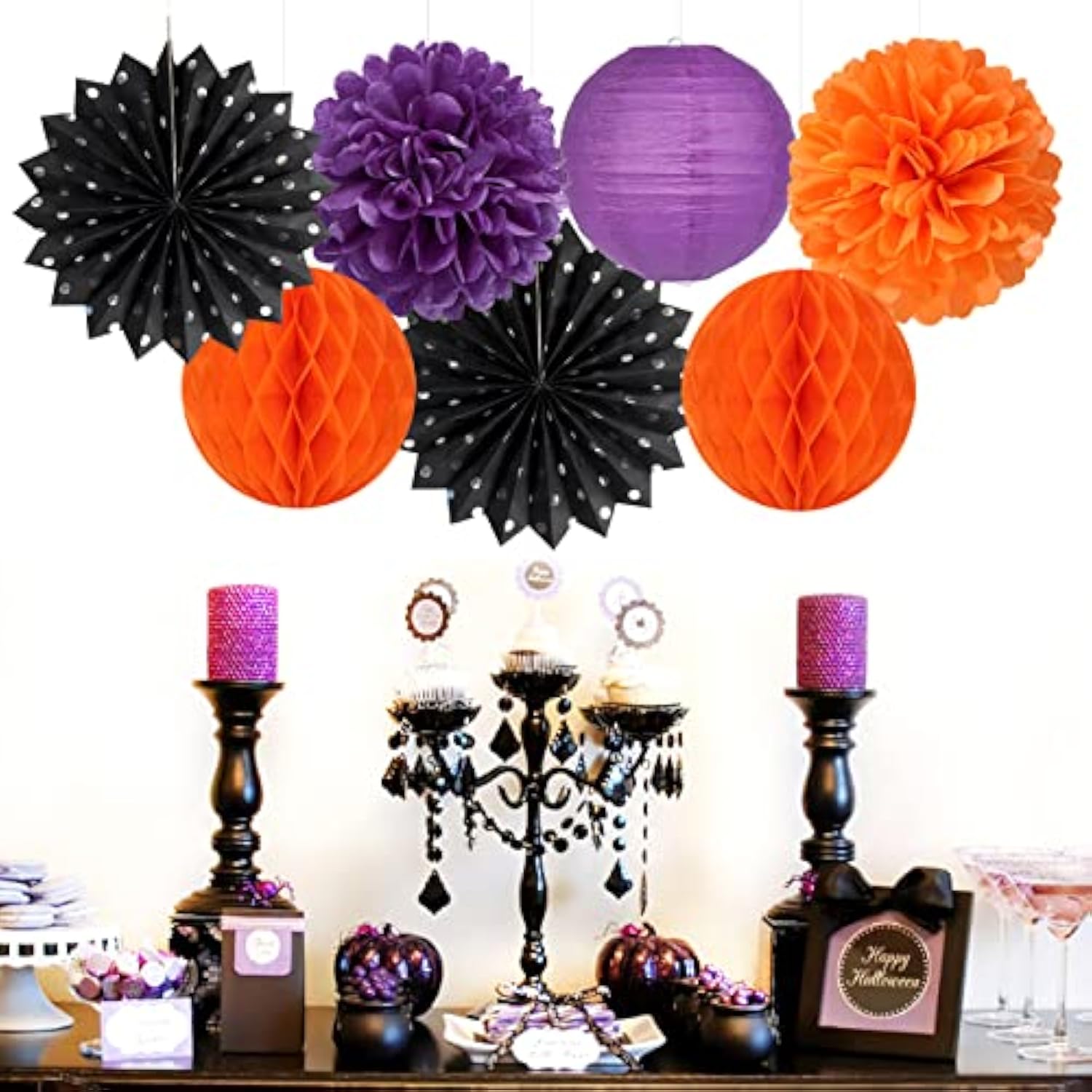 Halloween Party Decoration Kit: Black, Orange & Purple Paper Lanterns, Pom Poms