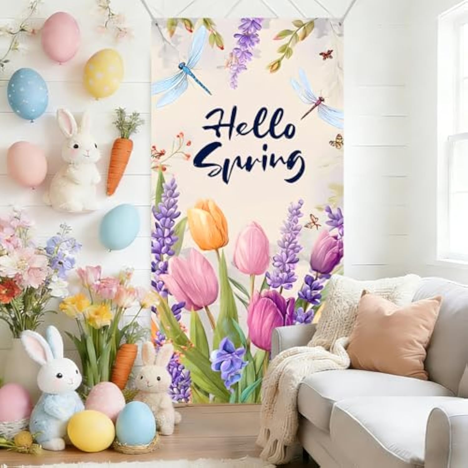 Hello Spring Tulip Door Cover Banner, 35.4 X 70.8 Inch Hanging Spring Banner Backdrop, Porch Sign Outdoor Indoor Front Door Decorations