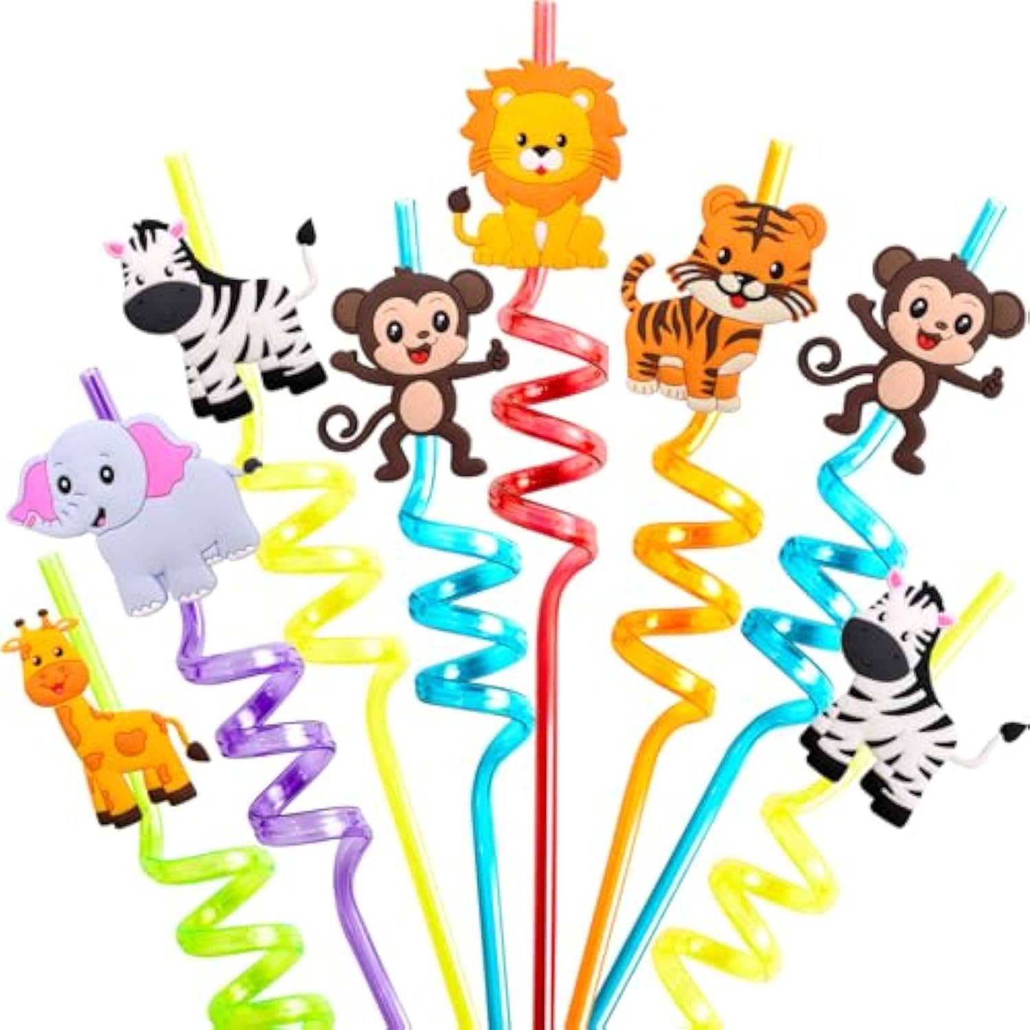 Safari Animal Straws Reusable Crazy Jungle Plastic Straws Bulk For Kids Woodland Birthday Party Favors 24 Pcs
