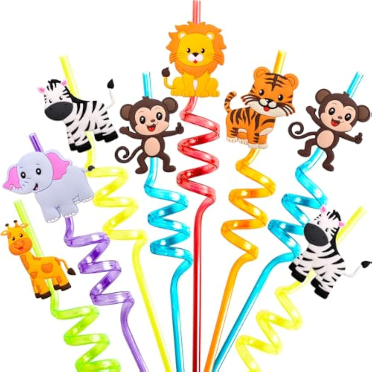 Safari Animal Straws Reusable Crazy Jungle Plastic Straws Bulk For Kids Woodland Birthday Party Favors 24 Pcs