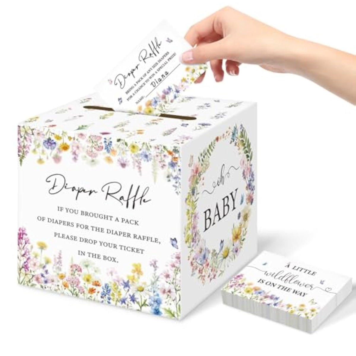 Baby In Bloom Baby Shower Decorations, Diaper Raffle Box With Tickets, Girls Wildflower Baby Shower Decorations For Diaper Raffle Party Games