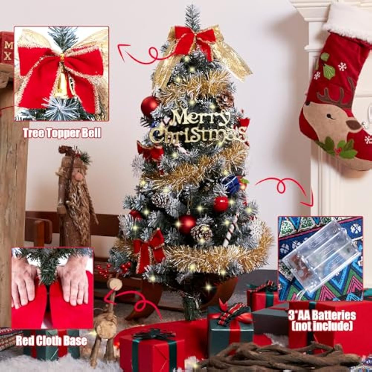 3Ft Christmas Tree With Lights, Christmas 36Inch Small Artificial Tabletop Tree, Xmas Desk Mini Tree With 50 Led Lights, Hanging Ornaments Decorations, Holiday Tree For Home Decor, Indoor, Office