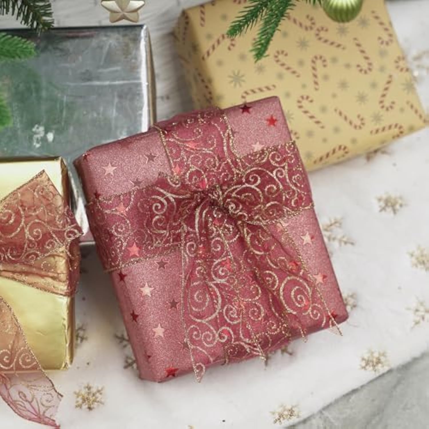 Red Gold Swirl Wired Ribbon 2.5 Inch Dark Red Sheer Ribbon With Gold Swirl Glitter Wired Ribbon Organza Sheer Ribbon 25 Yards Burgundy Sheer Christmas Ribbon For Christmas Tree, Wreath Bow