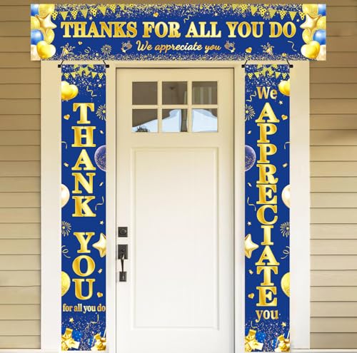 We Appreciate You Banner Decorations, 3 PCS Blue and Gold Thank You Banners
