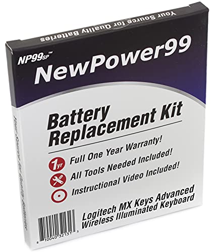 Newpower99 Battery Kit For Logitech Mx Keys Advanced Wireless Illuminated Keyboard With Tools, How-To Video And Long Life Battery