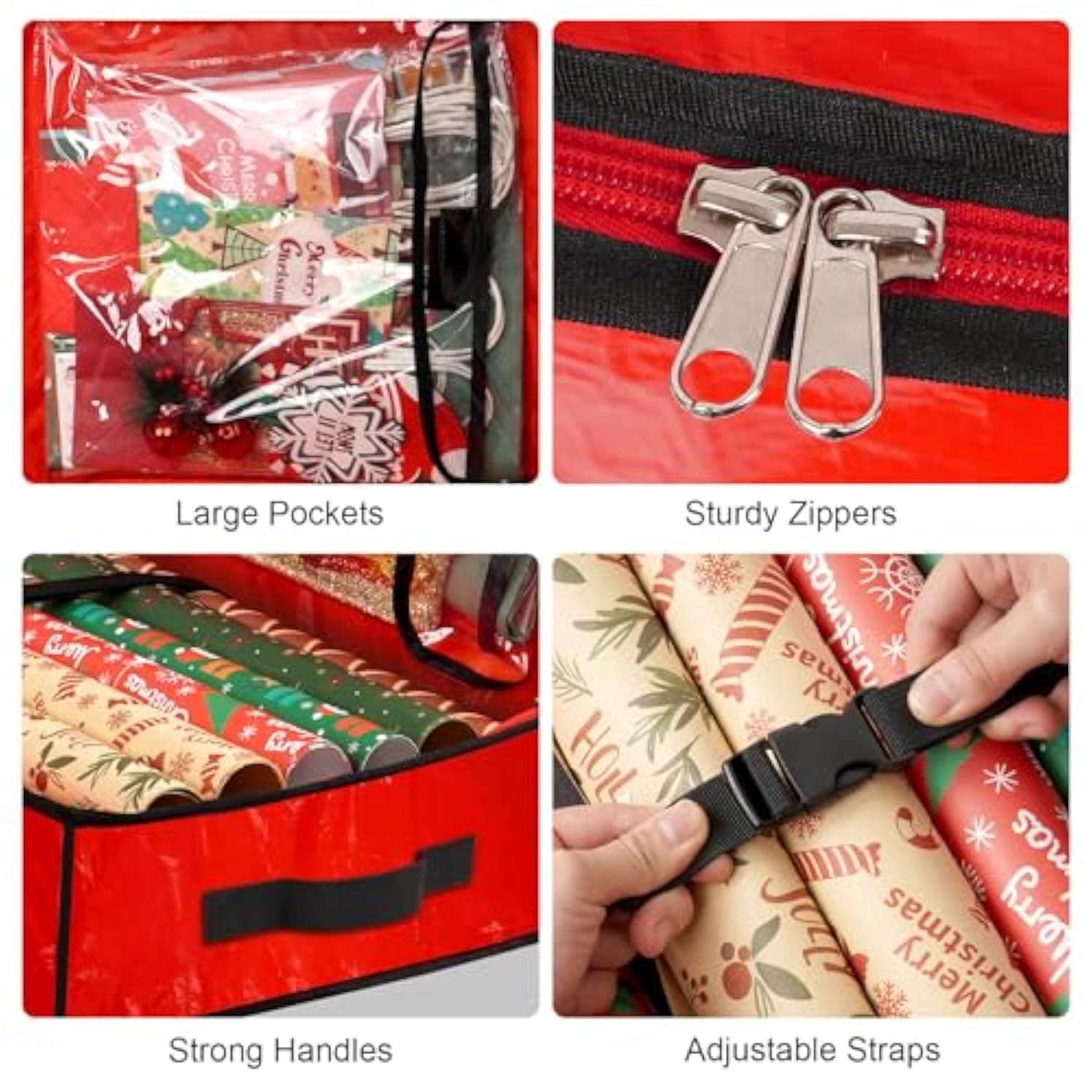 Wrapping Paper Organizer Storage Container For Christmas Holiday Gift Wrap Storage 43.2" Durable Pe Underbed Storage Container With Interior Pockets Fits 24 Paper Rolls (Red)