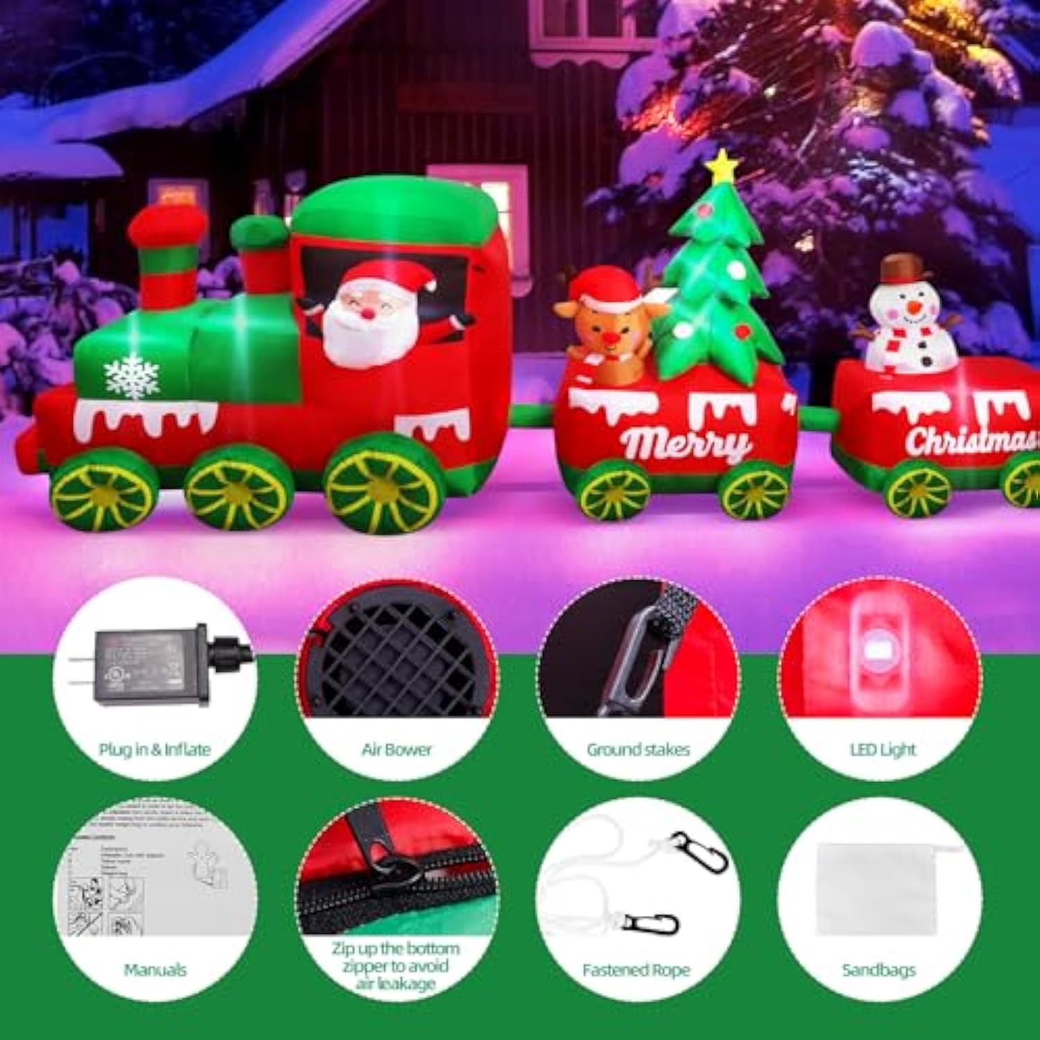 10.7 Ft Christmas Inflatables Train With Santa Claus Reindeer Snowman Christmas Tress Built-In Led Lights Blow Up Christ