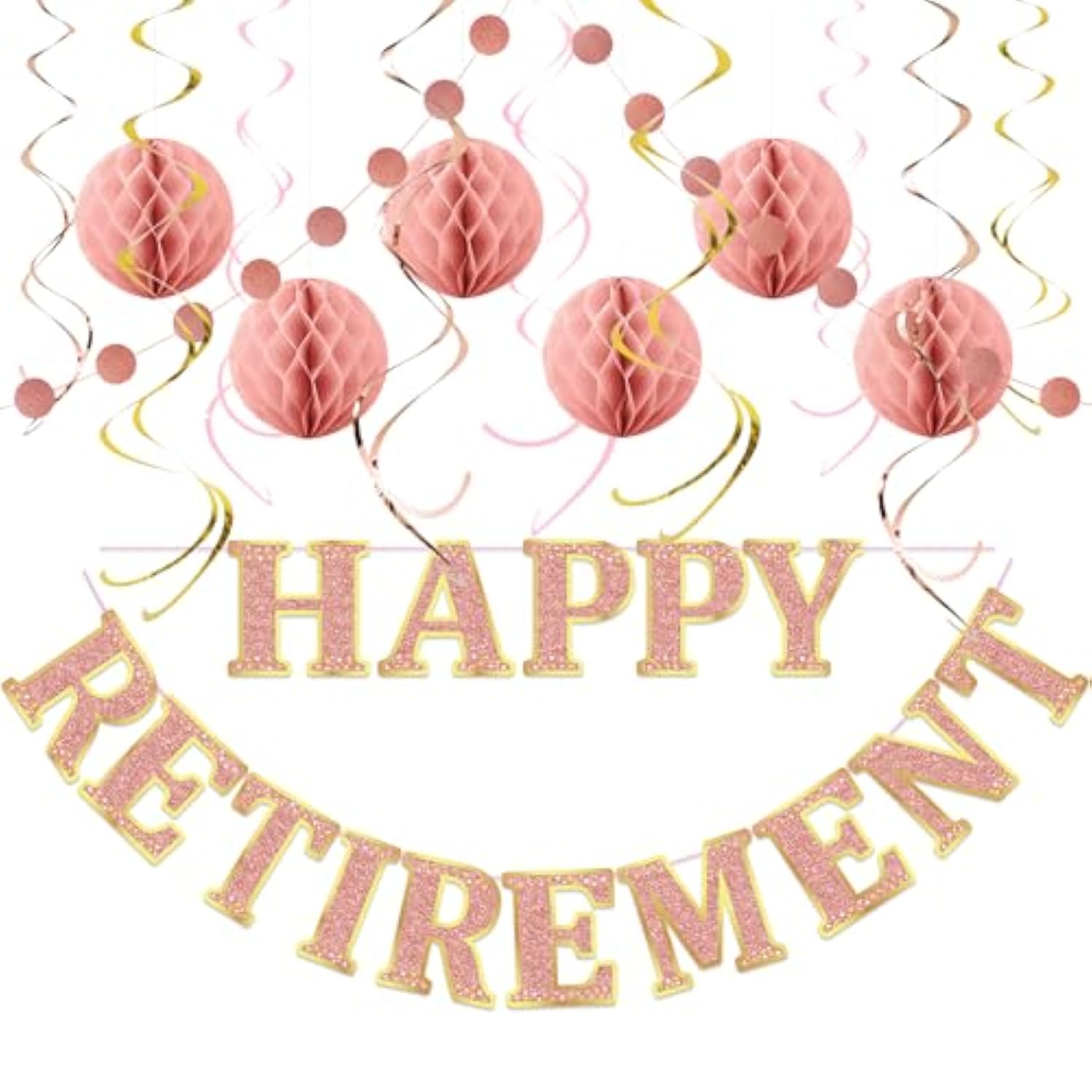 Retirement Party Decorations Kit For Women - 17-Piece Elegant Rose Gold Set With Pre-Strung Banner, Honeycomb Balls, Swirls & Garland | Instant Setup Party Decor | Retirement Gifts & Supplies