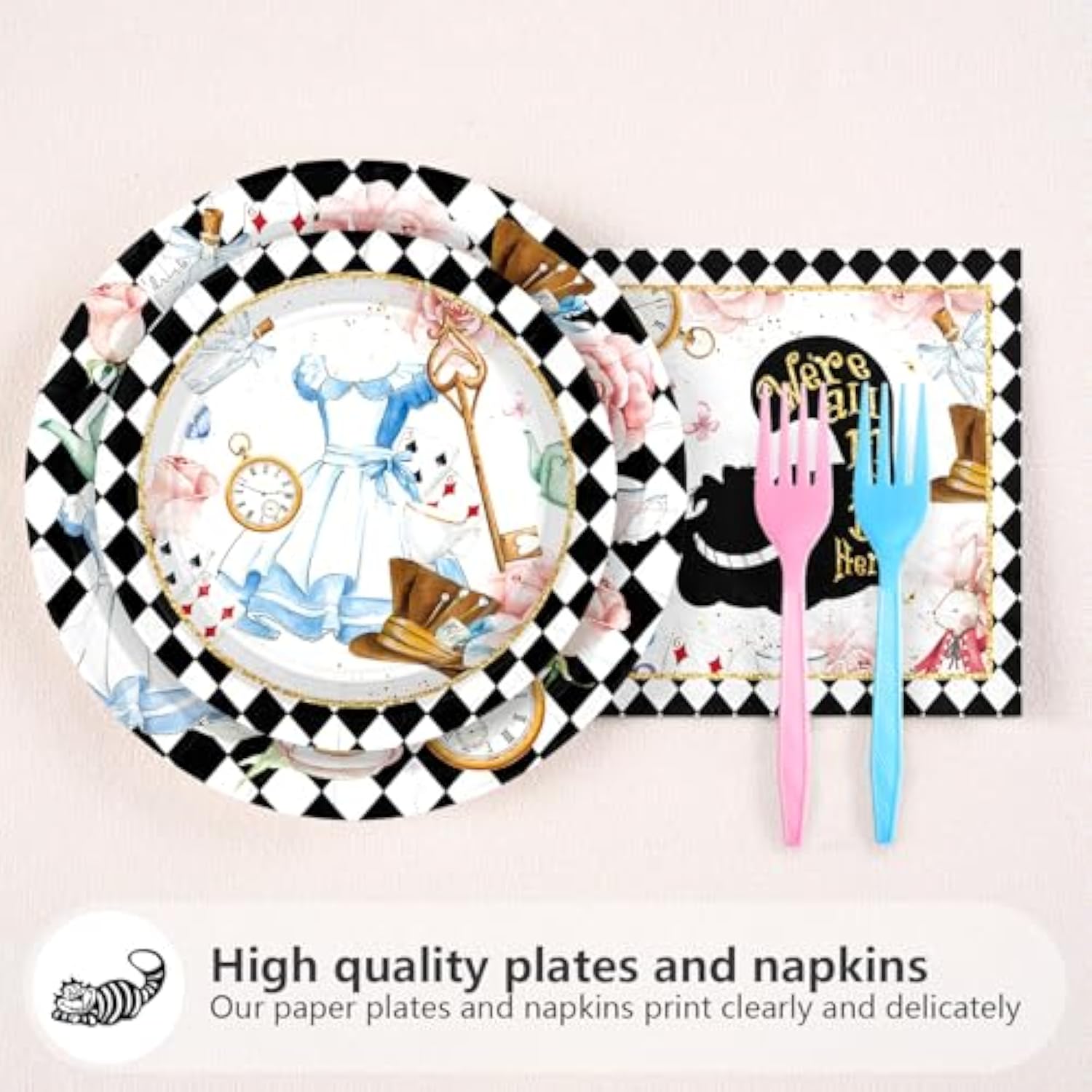 96 Pcs Alice In Onderland Party Decorations Tea Party Theme Birthday Baby Shower Paper Plates And Napkins Disposable Dessert Tableware Set For Girls Kids Birthday Baby Shower Decor Serves 24