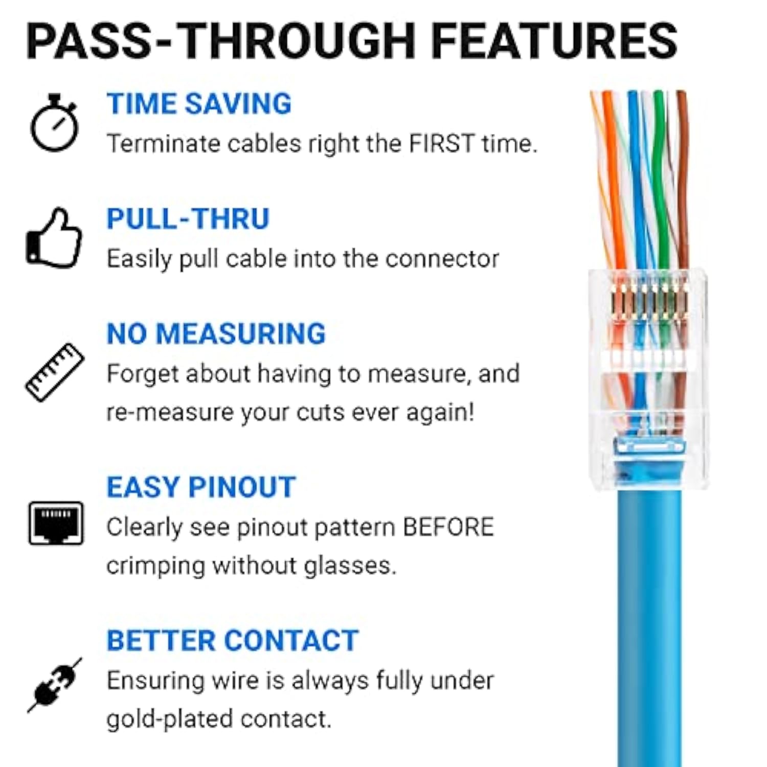 200-Pack Rj45 Pass Through Connector, Cat6, Gold Plated Ez Pass Cable Pass Thr