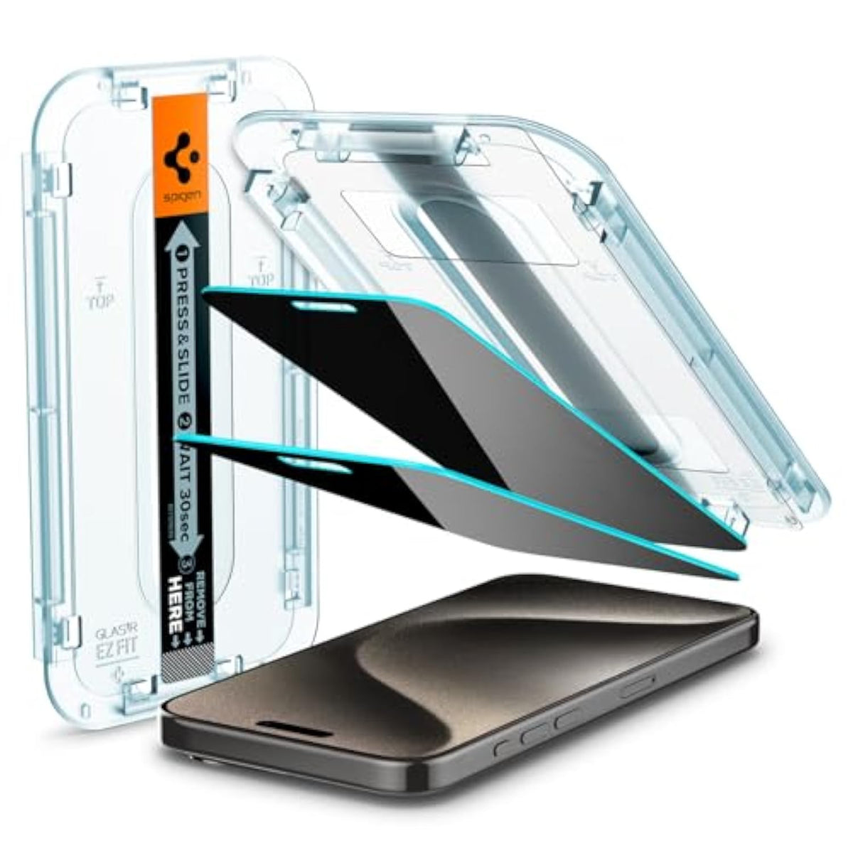 Spigen Tempered Glass Screen Protector [GlasTR EZ FIT - Privacy] Designed for iPhone 15 Pro Max [Case Friendly] - 2 Pack