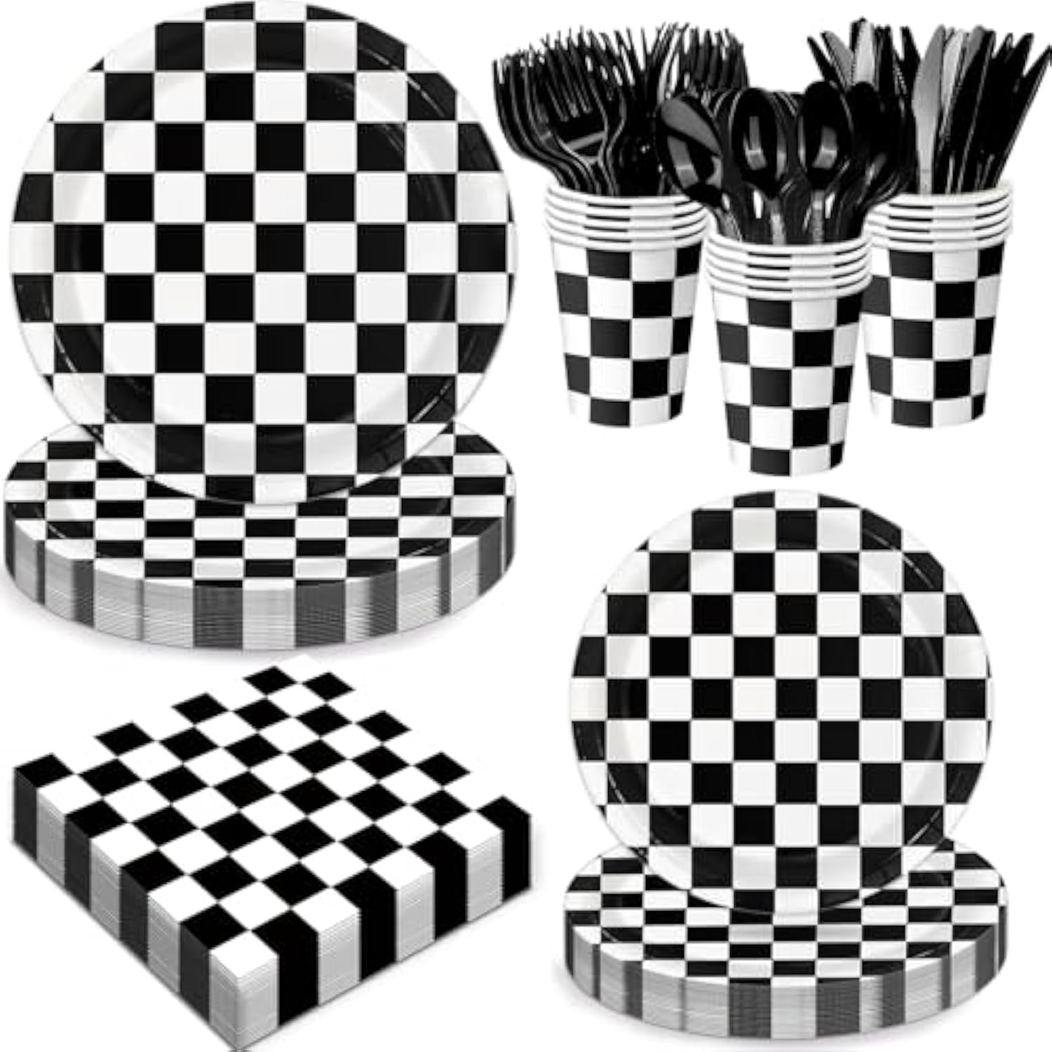 168 Pcs Race Car Birthday Party Decorations With Checkered Flag Plates, Cups, Napkins, Cutlery For Cars Birthday Decorations, Serves 24