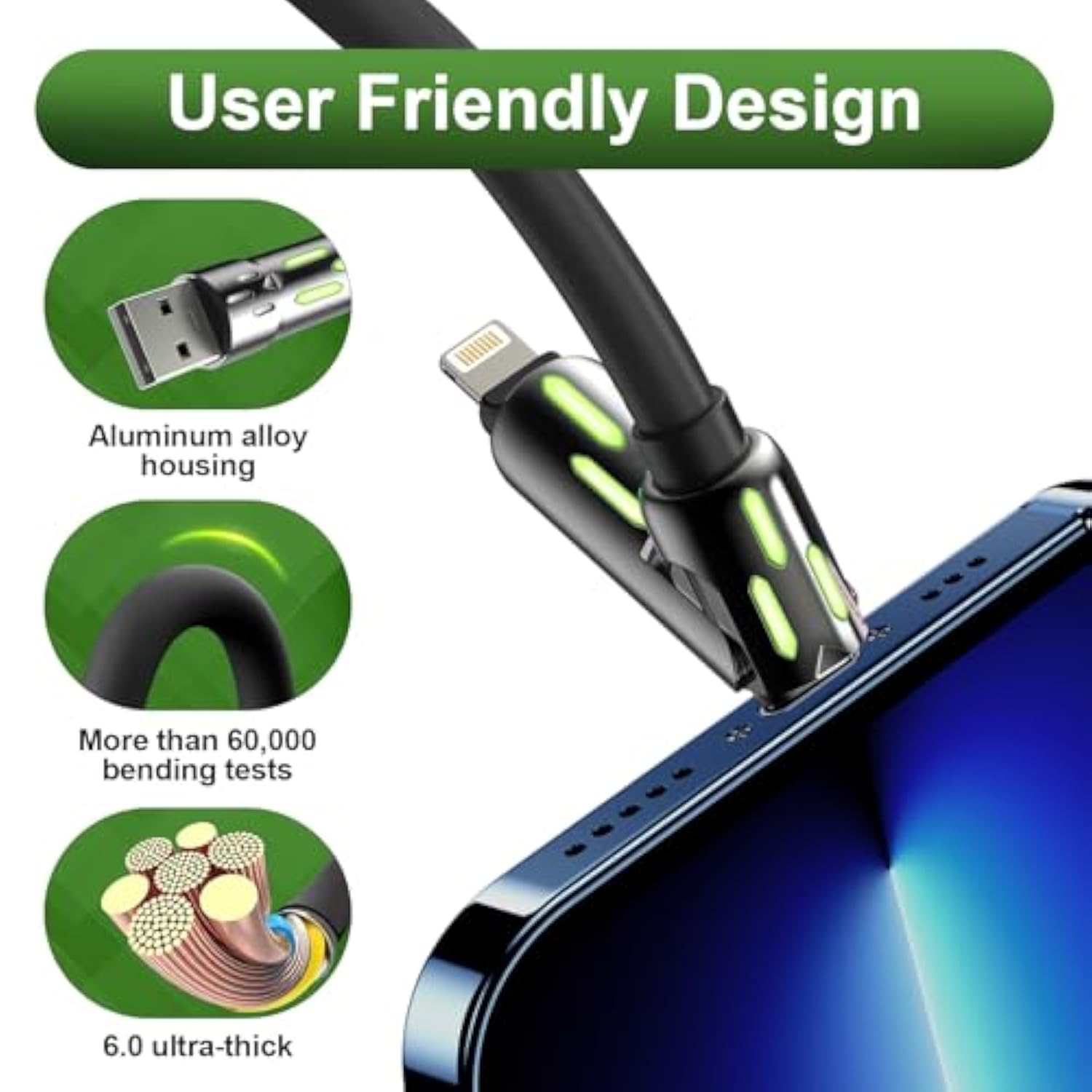 240W 4-In-1 Multi Fast Usb Charging Cable With Breathing Light, Usb A Type C Lightning Cable For Iphone 16 15 14 13 12 11 Pro Max Ipad Samsung Galaxy Macbook Ipad Tablets & More (6Ft, Black)