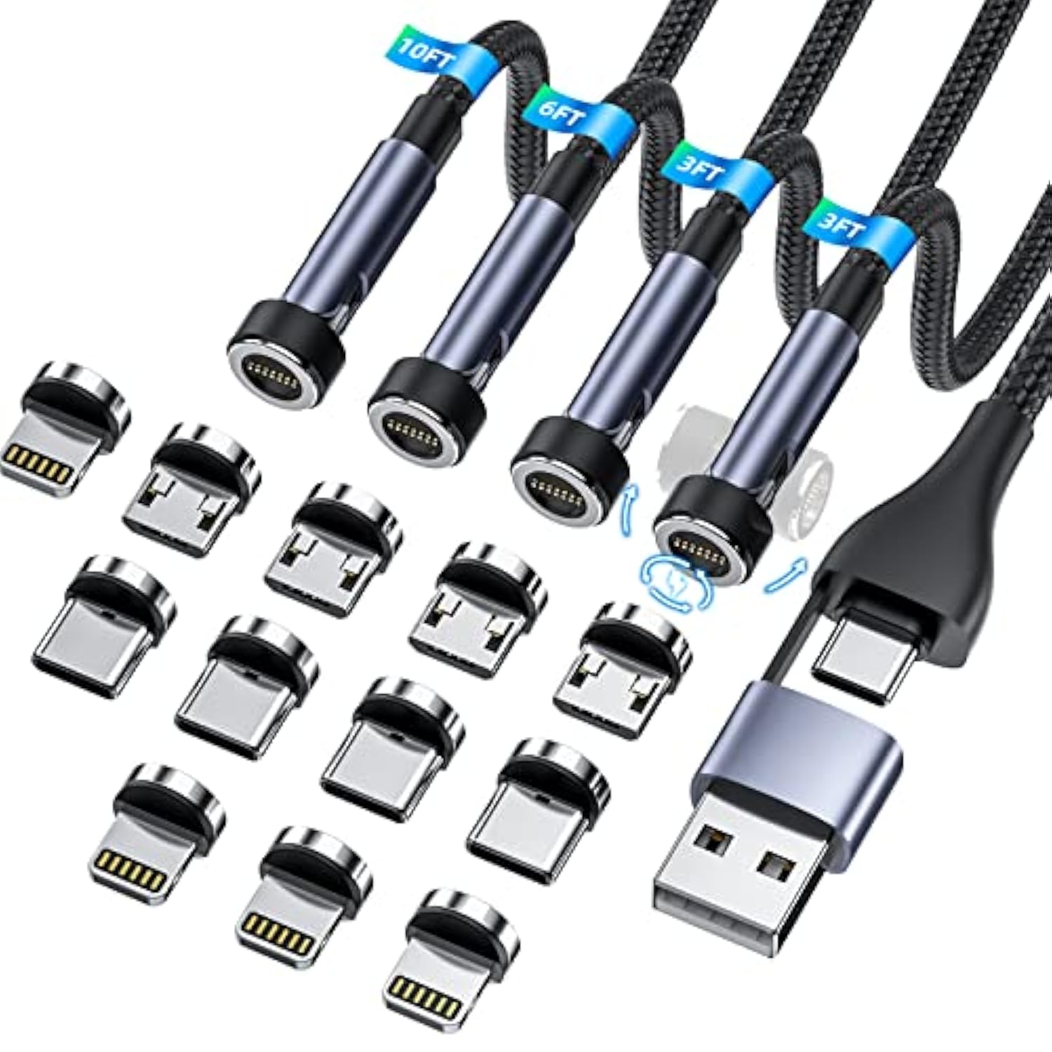 5-In-1 Magnetic Charging Cable, 540° Rotation Magnetic Phone Charger [4-Pack, 3Ft/3Ft/6Ft/10Ft] Usb A/Type C Fast Charging Cable For Iphone/Micro Usb/Usb C Devices