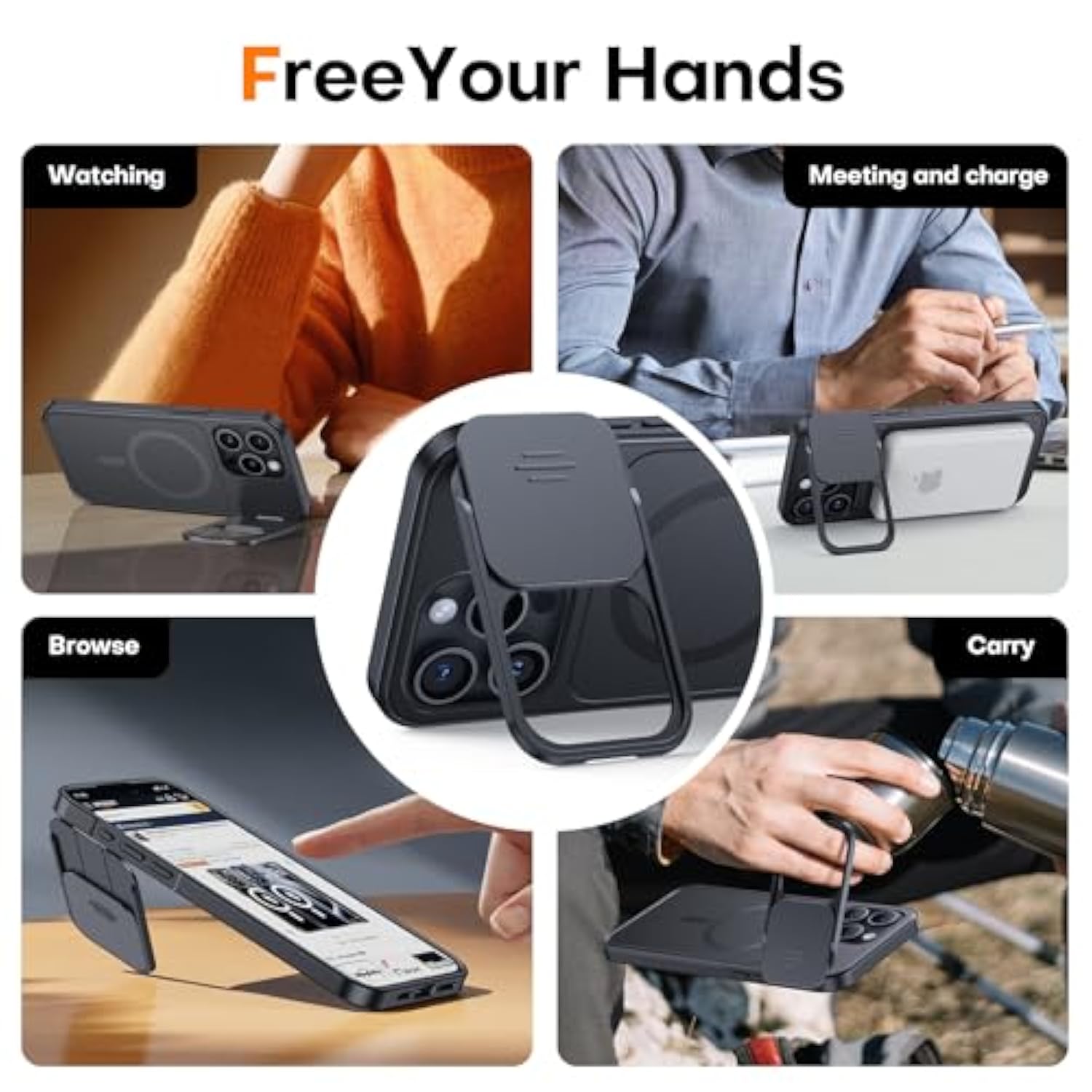 For Iphone 15 Pro Max Case With Kickstand, Upgraded [Slide Camera Cover], Heavy Duty Magnetic Phone Case, Compatible With Magsafe, Military-Grade Drop Protection, Black, 6.7"