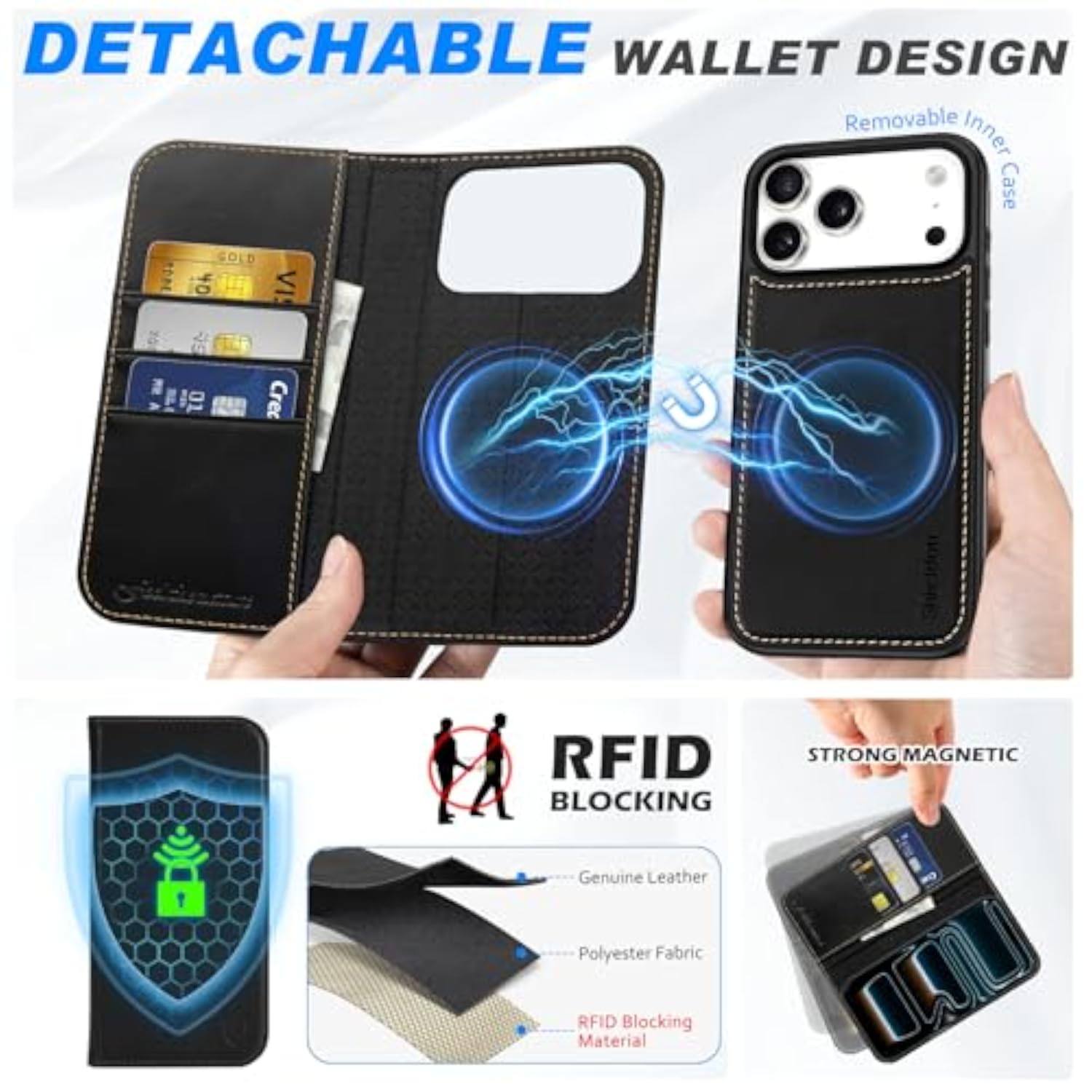 SHIELDON Detachable Wallet Case for iPhone 17 Pro Max 6.9" Retro Black