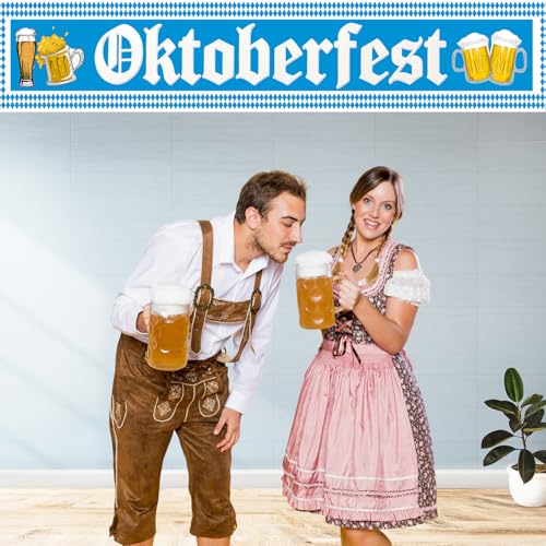 Oktoberfest Decorations, Large Oktoberfest Banner 8.2ft × 1.6ft with 19.69ft Ribbon, Double-Stitched Bavarian Blue White Backdrop for German Octoberfest Beer Party Decor