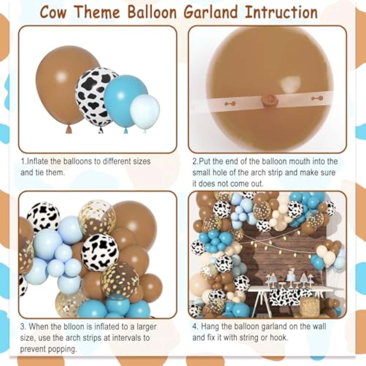 170pcs Blue Cowboy Balloon Arch Kit with Cow Print & Confetti for Baby Shower