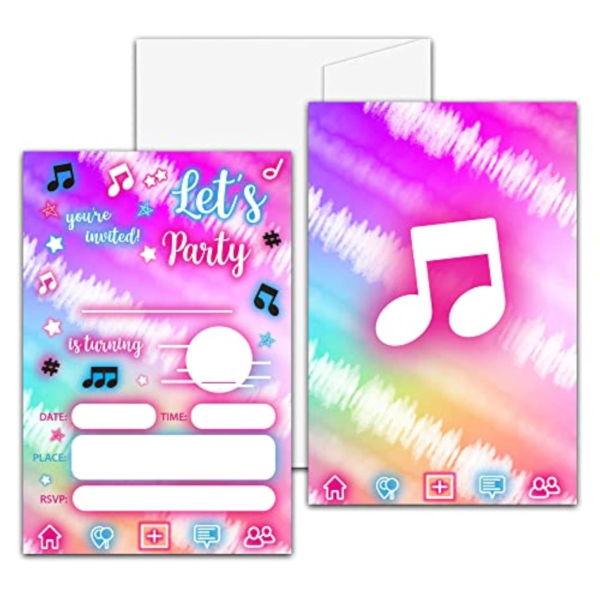 Music Theme Birthday Party Invitation,Music Notes Neon Fill-In Invites For Men & Women, 20 Invitations With Envelopes(4" X 6")?Adults Party Favors Decorations And Supplies-06