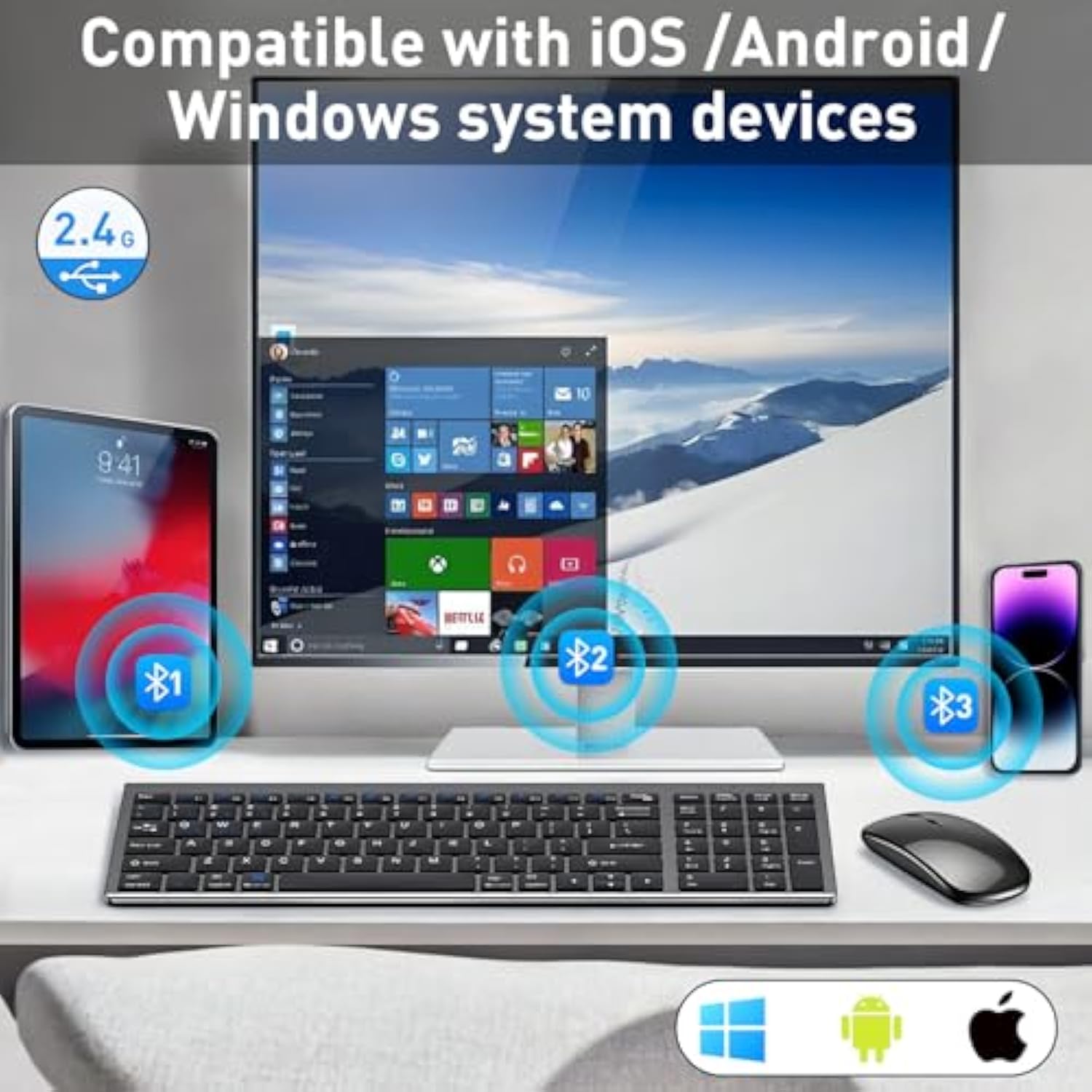 Wireless Keyboard And Mouse Combo,Bluetooth And 2.4G Usb Wireless Keyboard And Adjustable Dpi Mouse, Rechargeable Slim Cordless Keyboard Mouse Set For Laptop,Pc,Notebook,Desktop-Grey