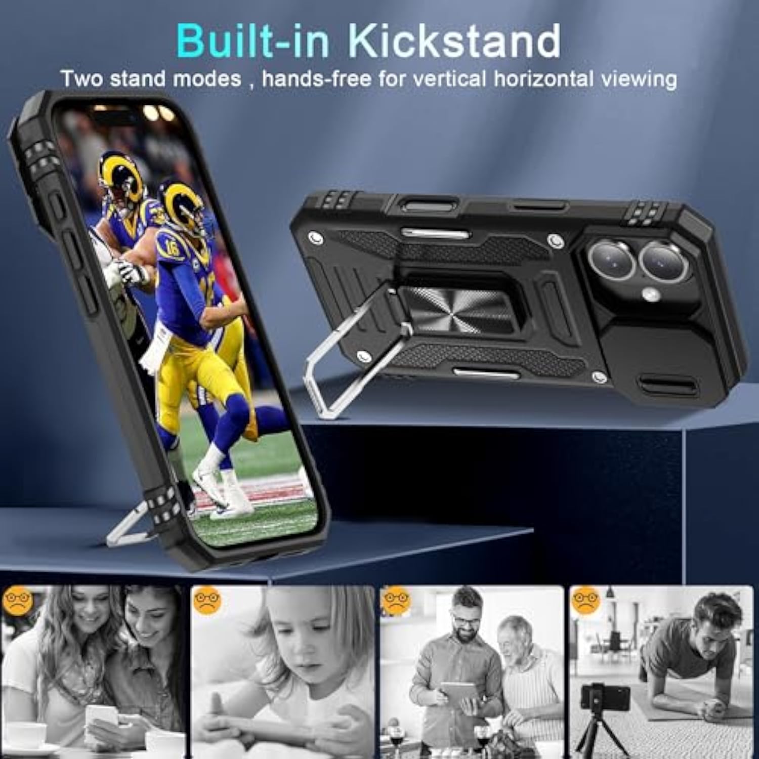 Case For Iphone 16 With Slide Camera Cover+Screen Protector (2 Packs), Rotated Ring Kickstand Military Grade Shockproof Protective Cover-Black