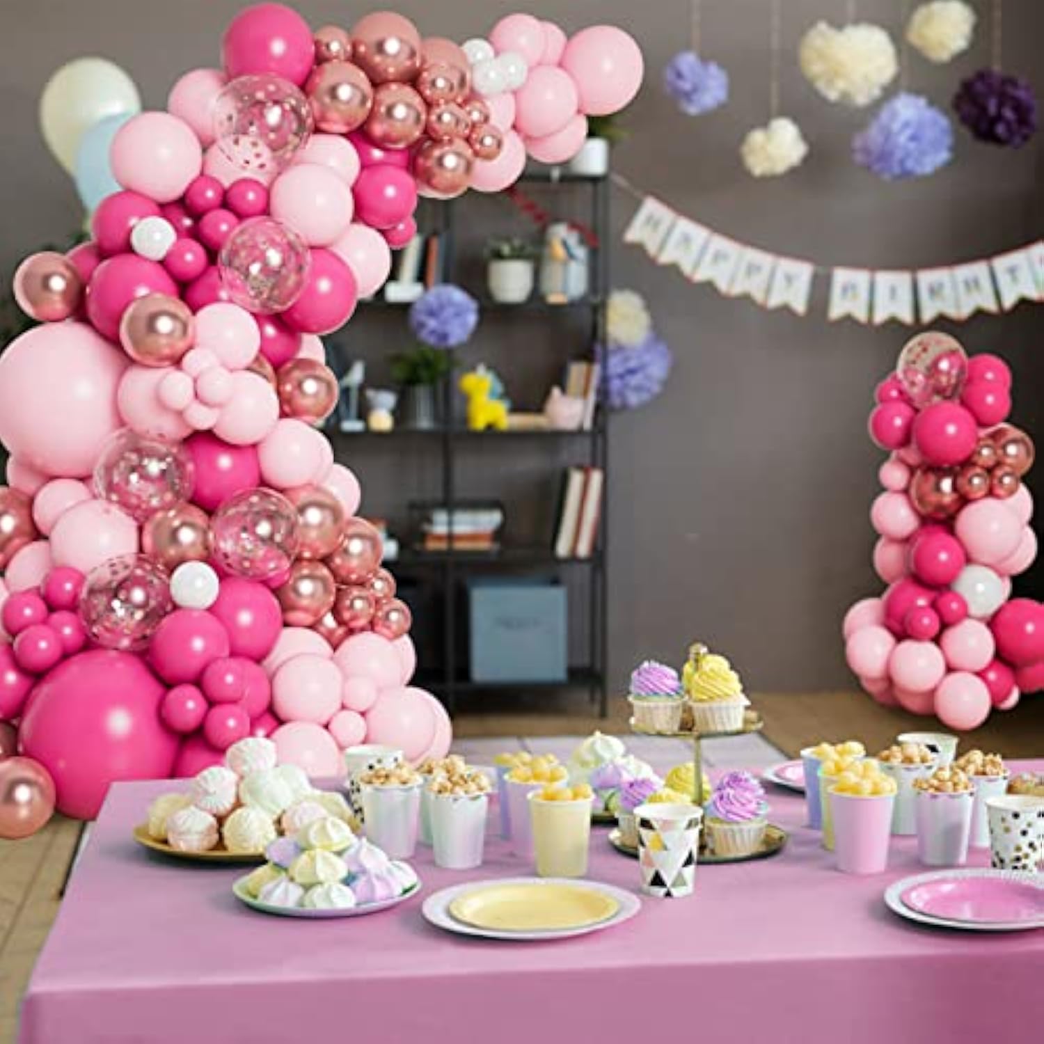 138Pcs Pink Balloon Garland Arch Kit With Different Size Hot Pink Whit