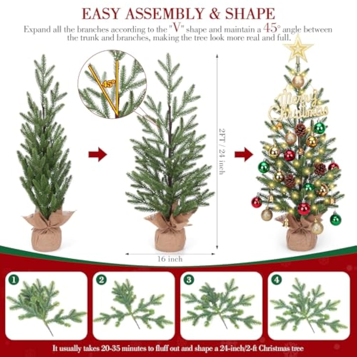 2Ft Mini Christmas Tree,Tabletop Christmas Tree With 30 Led Lights - Timer & 26 Diy Ornaments,24 Inch Artificial Small Christmas Trees With Pe Branch Tips & Base With Burlap,Xmas Decor For Home Indoor