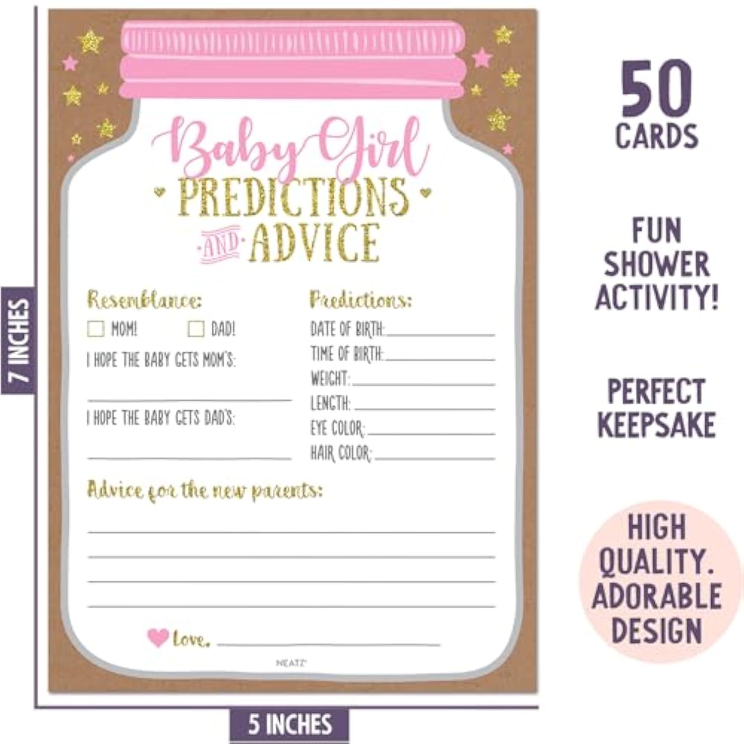 Baby Shower Advice Cards, Baby Prediction Cards, Girl Baby Shower Decorations, Babyshower Games For Girls, Mason Jar Design (Set Of 50)